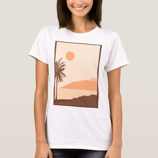 ヤシの木の夕焼け、島、ボヘミアン抽象芸術 Tシャツ (正面)