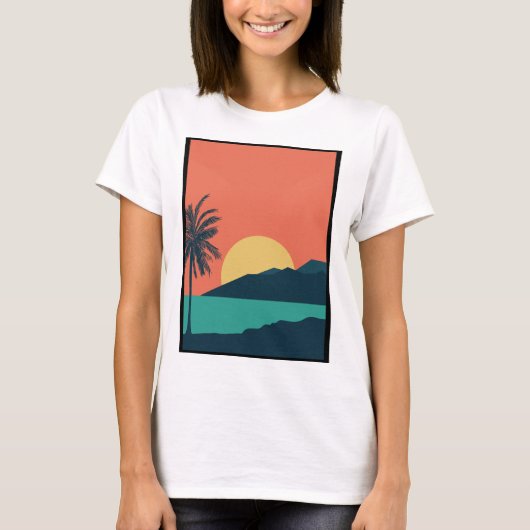 ヤシの木の夕焼け、島、ボヘミアン抽象芸術 Tシャツ (正面)