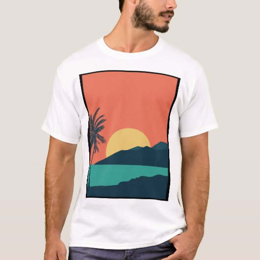 ヤシの木の夕焼け、島、ボヘミアン抽象芸術 Tシャツ (正面)