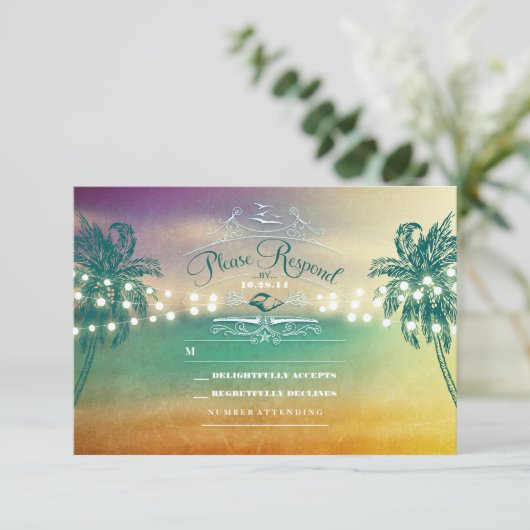 ヤシの木の文字列ライトビーチ結婚式RSVPカード 出欠カード (スタンド正面)