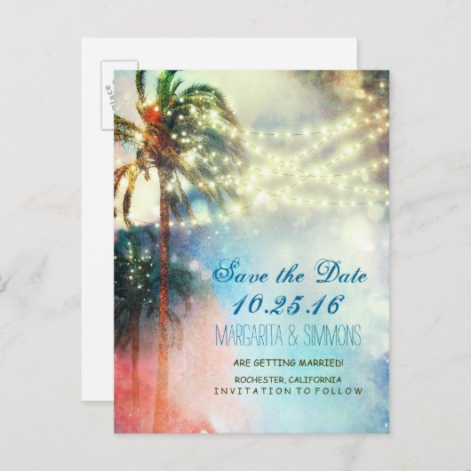 ヤシの木の文字列lightsビーチ保存日付 案内ポストカード (正面/裏面)