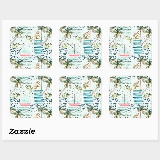ヤシの木の模様を持つ水彩帆船 スクエアシール (シート)