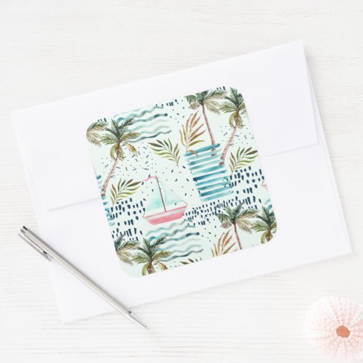 ヤシの木の模様を持つ水彩帆船 スクエアシール (封筒)