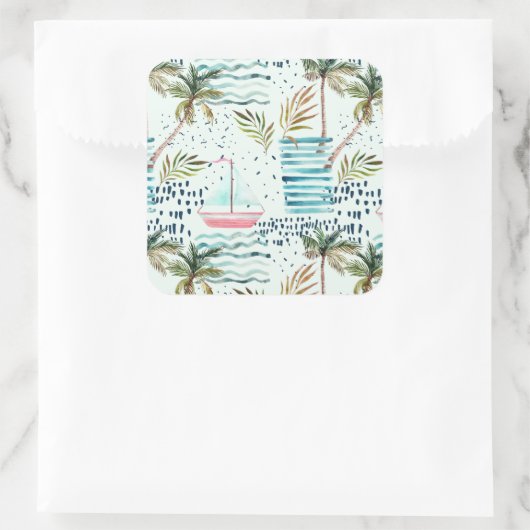 ヤシの木の模様を持つ水彩帆船 スクエアシール (バッグ)