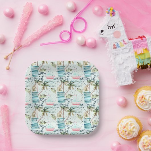 ヤシの木の模様を持つ水彩帆船 ペーパープレート (パーティー)