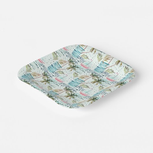 ヤシの木の模様を持つ水彩帆船 ペーパープレート (傾斜あり)