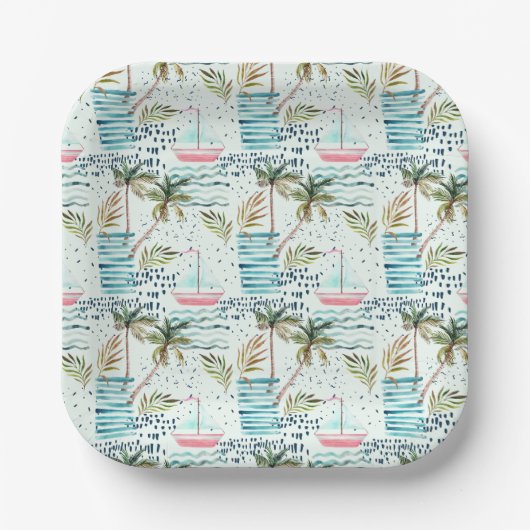 ヤシの木の模様を持つ水彩帆船 ペーパープレート (正面)