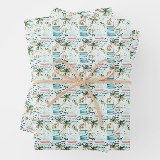 ヤシの木の模様を持つ水彩帆船 ラッピングペーパーシート (インサイチュ)