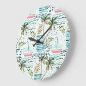 ヤシの木の模様を持つ水彩帆船 ラージ壁時計 (傾斜)