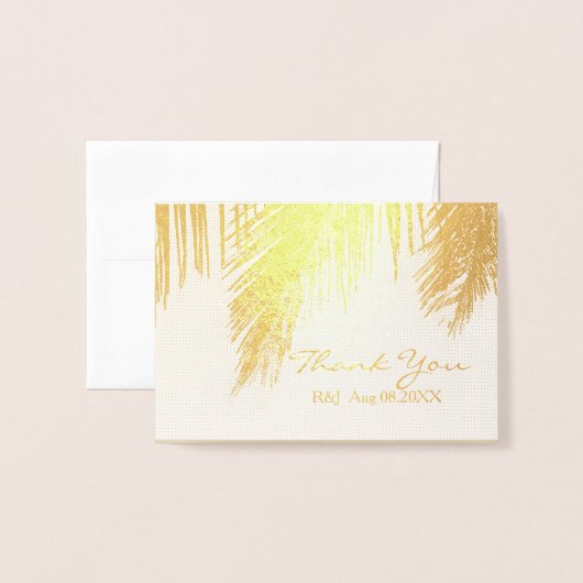 ヤシの木の熱帯の目的地の結婚式ありがとう 箔カード (封筒付き正面)