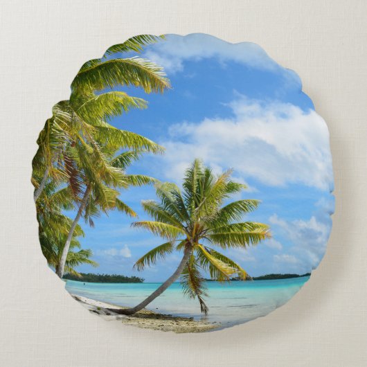 ヤシの木の白い砂のビーチ ラウンドクッション (正面)