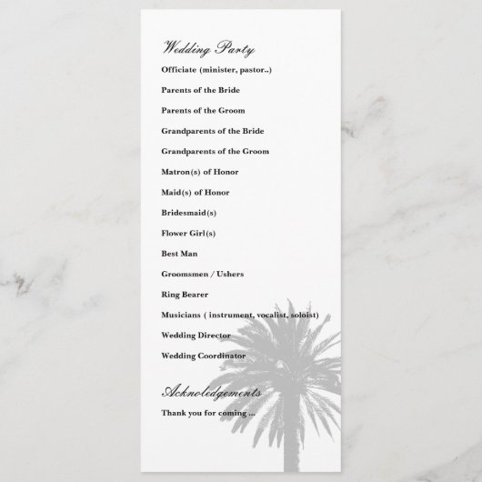 ヤシの木の結婚式プログラムテンプレート プログラム (裏面)