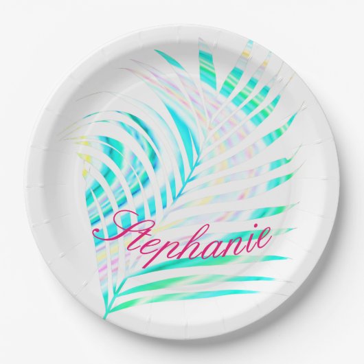 ヤシの木の葉のパターン数々のトロピカルカラー名 ペーパープレート (正面)