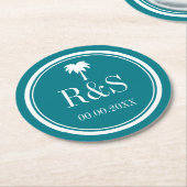 ヤシの木の青緑のモノグラムの結婚式のコースター ラウンドペーパーコースター (アングル)