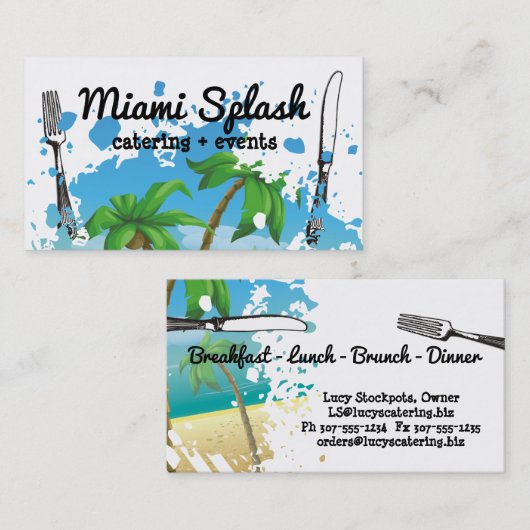 ヤシの木は海のフォークの道具シェフのケータリングを浜に引き上げます 名刺 (正面/裏面)