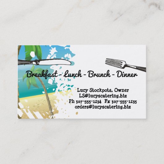 ヤシの木は海のフォークの道具シェフのケータリングを浜に引き上げます 名刺 (裏面)