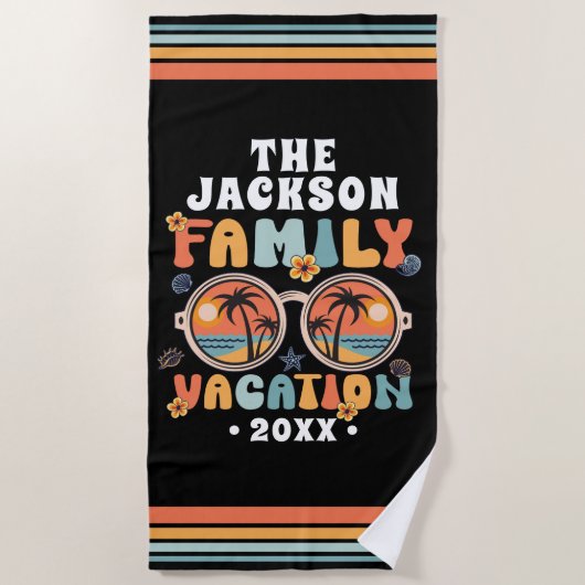 ヤシの木サングラスのレトロな家族の休暇のグルービー ビーチタオル (正面)