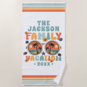 ヤシの木サングラスのレトロな家族の休暇のグルービー ビーチタオル (正面)