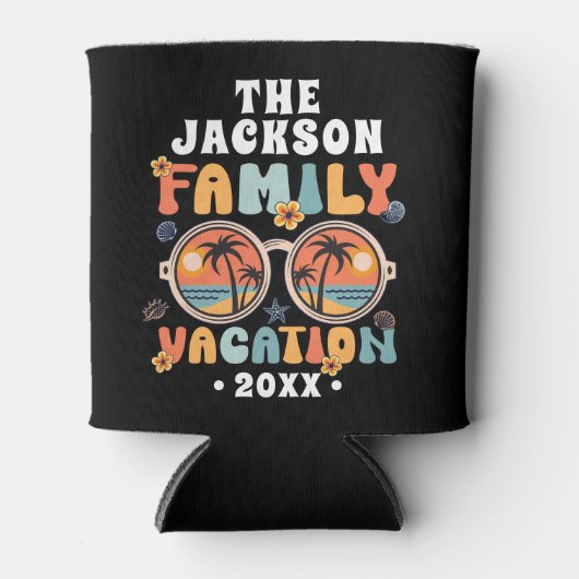 ヤシの木サングラスのレトロな家族の休暇のグルービー 缶クーラー (正面)