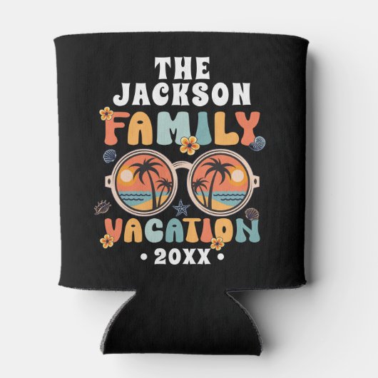 ヤシの木サングラスのレトロな家族の休暇のグルービー 缶クーラー (裏面)