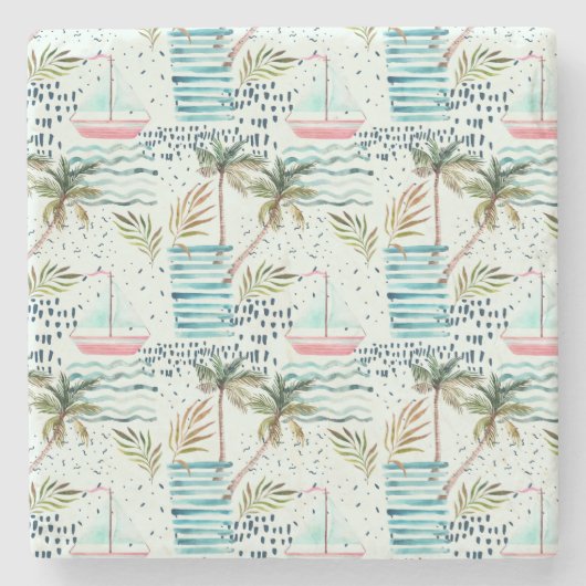 ヤシの木パターンが付いている水彩画のヨット ストーンコースター (正面)