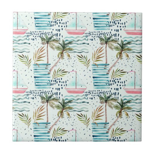 ヤシの木パターンが付いている水彩画のヨット タイル (正面)