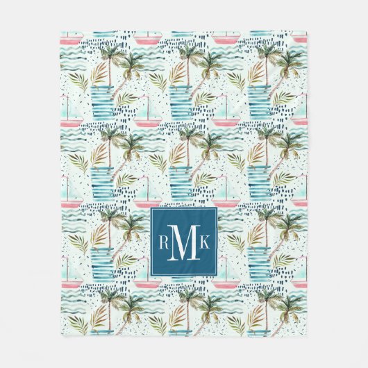 ヤシの木パターンが付いている水彩画のヨット フリースブランケット (正面)