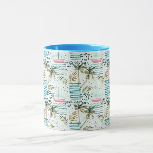 ヤシの木パターンが付いている水彩画のヨット マグカップ (中央)