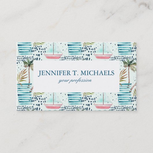 ヤシの木パターンが付いている水彩画のヨット 名刺 (正面)