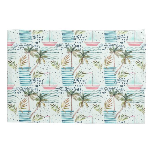 ヤシの木パターンが付いている水彩画のヨット 枕カバー (裏面-左)