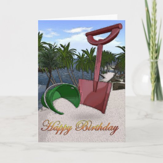 ヤシの木ビーチ海辺海砂赤バケツ カード (正面)