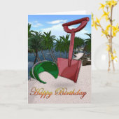 ヤシの木ビーチ海辺海砂赤バケツ カード (黄色い花)