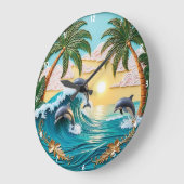 ヤシの木、イルカの飛び跳ね、海の夕日 ラージ壁時計 (傾斜)