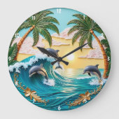 ヤシの木、イルカの飛び跳ね、海の夕日 ラージ壁時計 (正面)