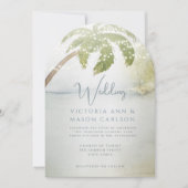 ヤシの木 ブルーグリーン エンチャントメント 沿岸 ウェディング 招待状 (正面)