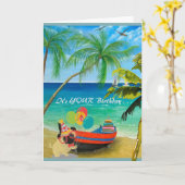 ヤシの木、水、あなたの誕生日のためのビーチ カード (黄色い花)
