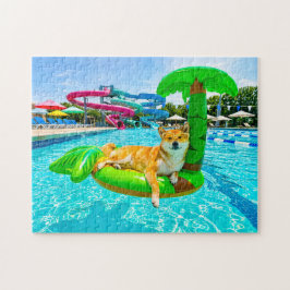 ヤシの浮き輪に乗る柴犬 ジグソーパズル