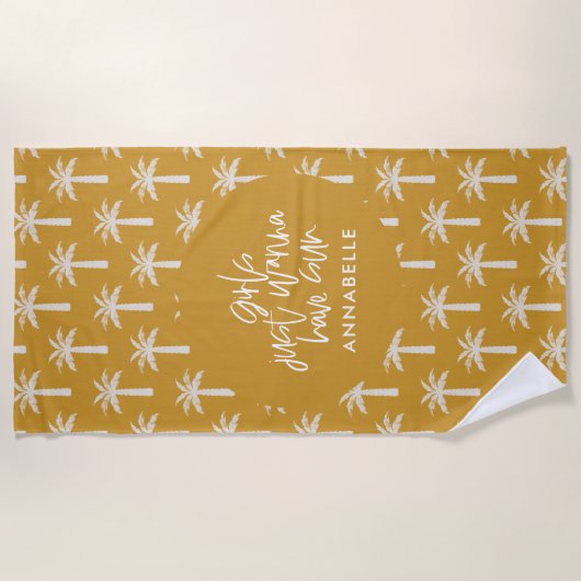 ヤシの熱帯夏の植物性マスタードモダン ビーチタオル (正面)
