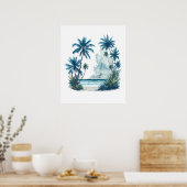 ヤシの絵画木が植えられたビーチの水色 ポスター (キッチン)