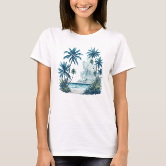 ヤシの絵画木が植えられたビーチの水色 Tシャツ