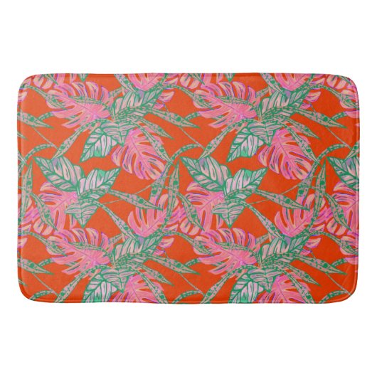 ヤシの葉とコレウス熱帯赤ピンクグリーン バスマット (正面)