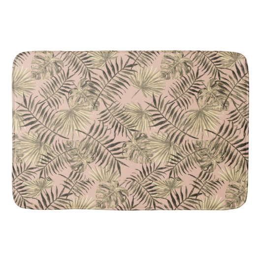 ヤシの葉の熱帯ピーチピンクと金ゴールド バスマット (正面)