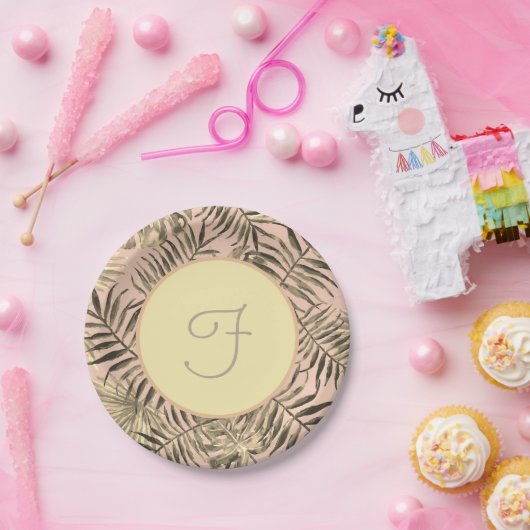 ヤシの葉の熱帯桃と金ゴールド ペーパープレート (パーティー)