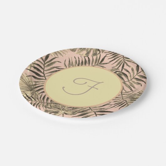 ヤシの葉の熱帯桃と金ゴールド ペーパープレート (アングル)