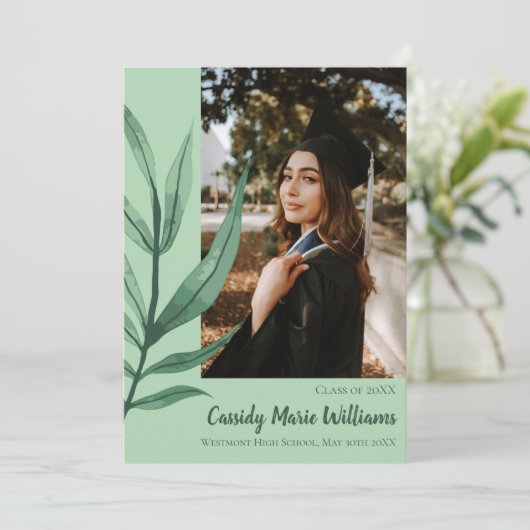 ヤシの葉の緑の植物の卒業発表 招待状 (スタンド正面)