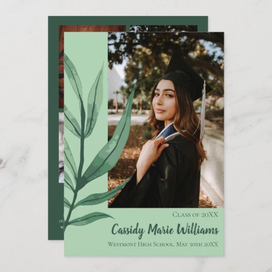 ヤシの葉の緑の植物卒業発表 招待状 (正面/裏面)