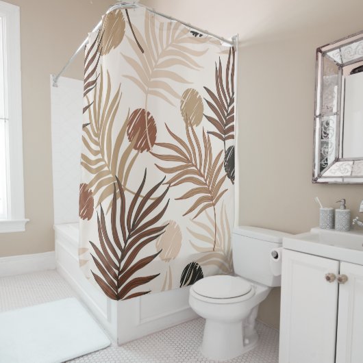 ヤシの葉の線アートシームレスパターン地球のトーン シャワーカーテン (インサイチュ)