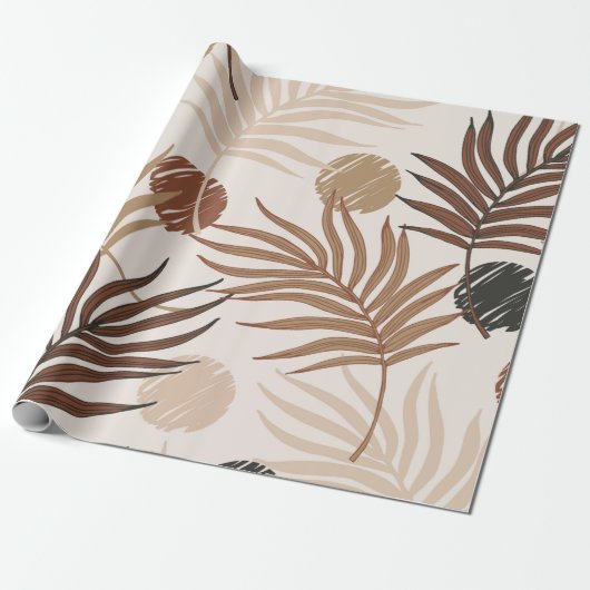 ヤシの葉の線画の地色のシームレスな模様 ラッピングペーパー (アンロールド)