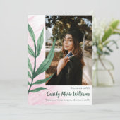 ヤシの葉グリーンピンクの植物の卒業発表 招待状 (スタンド正面)