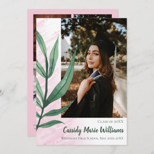 ヤシの葉グリーンピンクの植物の卒業発表 招待状 (正面/裏面)